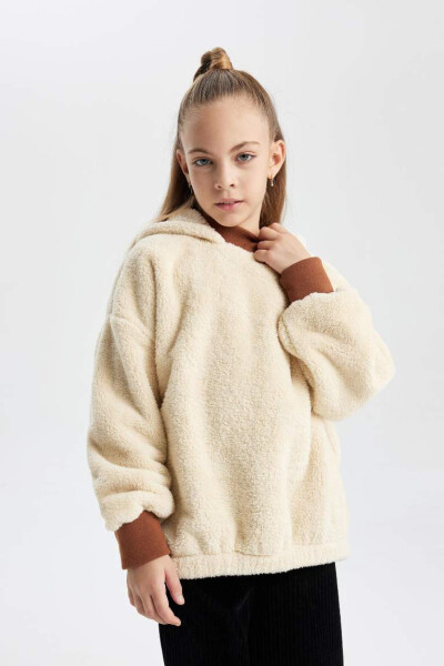 Girl's Oversize Loose Hooded Plush Sweatshirt Sand - 7