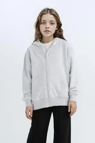 Girl's Oversize Wide Fit Hooded Basic Plain Zippered Sweatshirt-Gray Melange - 1