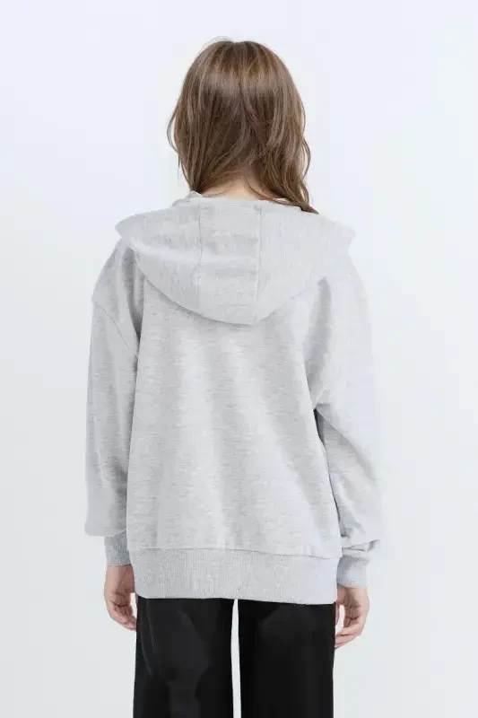 Girl's Oversize Wide Fit Hooded Basic Plain Zippered Sweatshirt-Gray Melange - 5