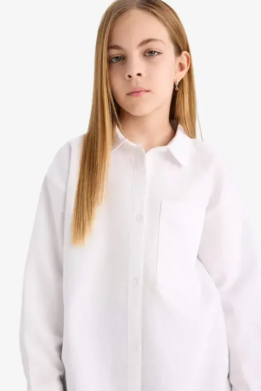 Girls' Oversized Fit Poplin Long Sleeve White School Shirt C7482a824au - DEFACTO