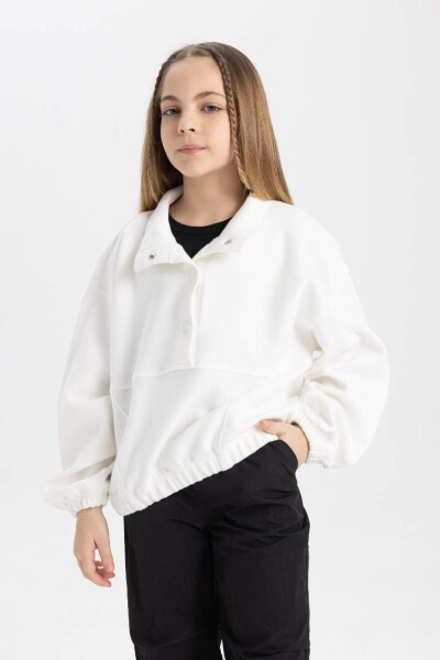 Girl's Oversized Loose Fit Polo Neck Button Sweatshirt Off White - 1