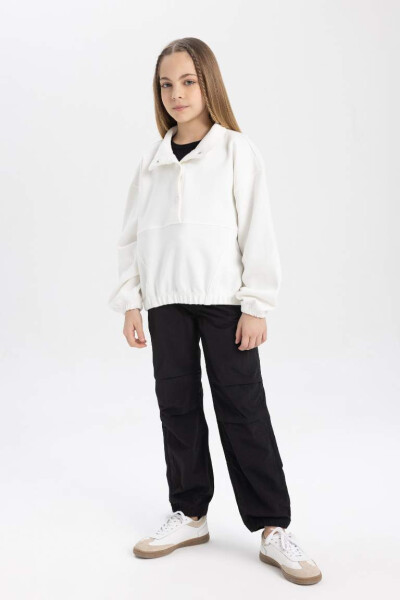 Girl's Oversized Loose Fit Polo Neck Button Sweatshirt Off White - 2