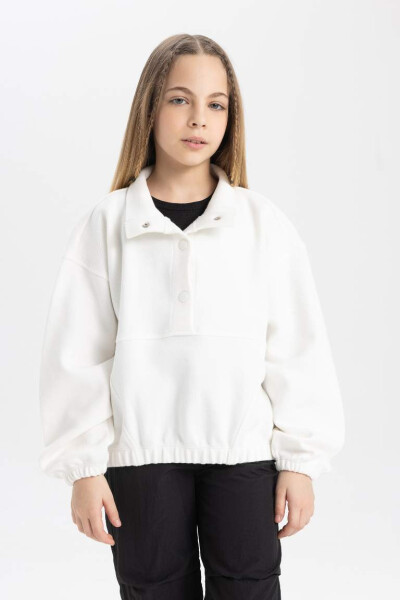 Girl's Oversized Loose Fit Polo Neck Button Sweatshirt Off White - 3