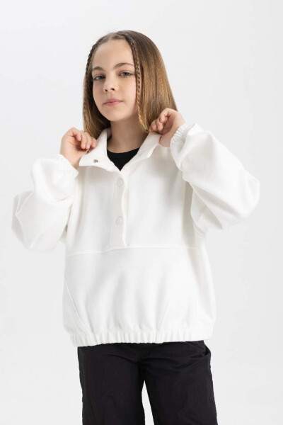 Girl's Oversized Loose Fit Polo Neck Button Sweatshirt Off White - 4