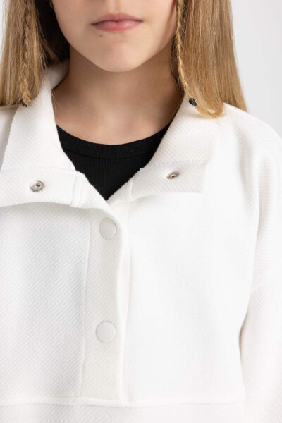 Girl's Oversized Loose Fit Polo Neck Button Sweatshirt Off White - 5