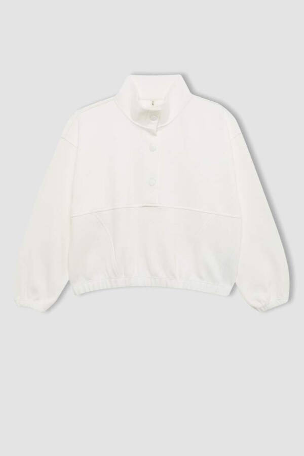 Girl's Oversized Loose Fit Polo Neck Button Sweatshirt Off White - 7