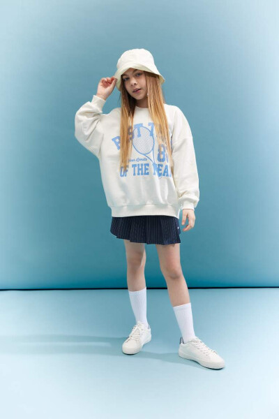 Girls' Oversized Sweatshirt with Crewneck Print in Ecru - 1