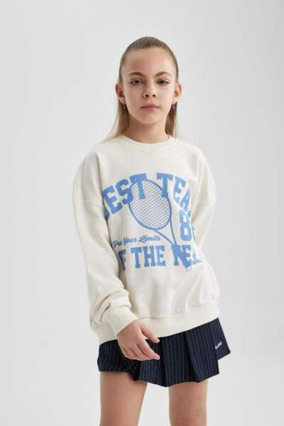 Girls' Oversized Sweatshirt with Crewneck Print in Ecru - 6