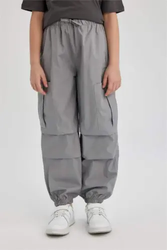 Girls' Parachute Cargo Cotton Trousers Light Grey - 1