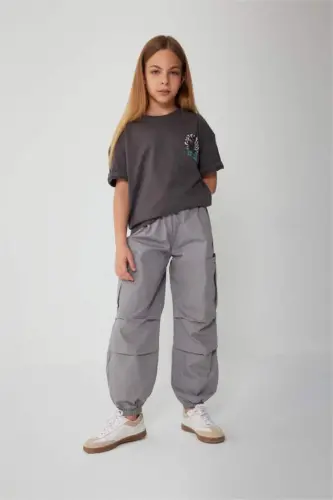 Girls' Parachute Cargo Cotton Trousers Light Grey - 3