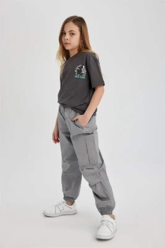 Girls' Parachute Cargo Cotton Trousers Light Grey - 6