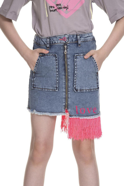 Girls Pink Fringed Denim Skirt 3-13 Years - 11