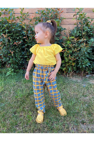 Girls Plaid Pants Blouse Bandana Set - 1