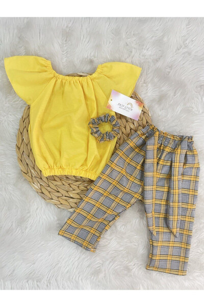 Girls Plaid Pants Blouse Bandana Set - 3