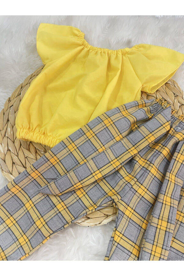 Girls Plaid Pants Blouse Bandana Set - 4