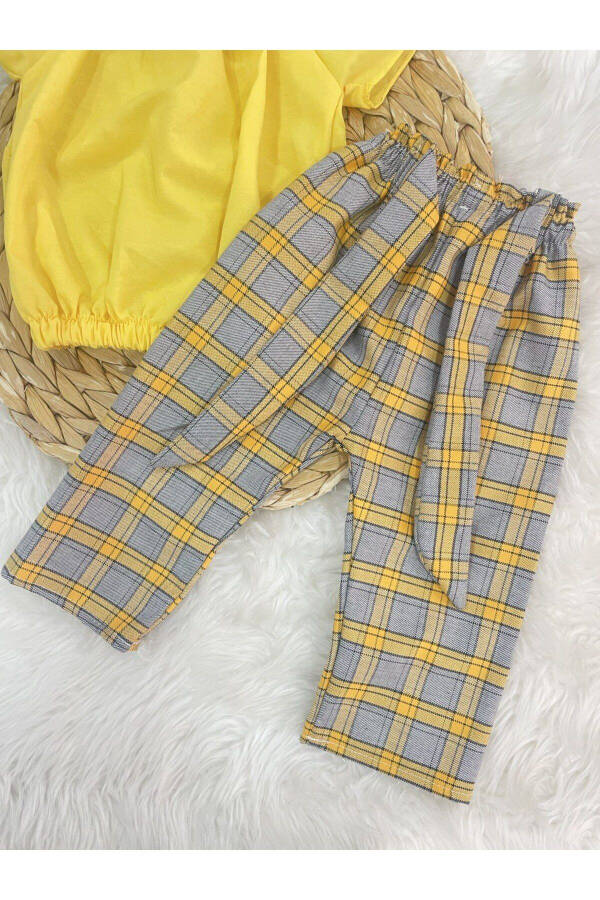 Girls Plaid Pants Blouse Bandana Set - 5