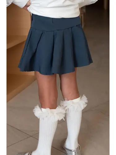 Girl's Pleated Skirt with Snaps Indigo (7-12 Years)-Indigo - 3