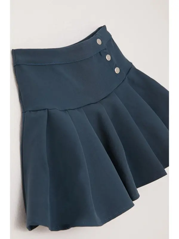 Girl's Pleated Skirt with Snaps Indigo (7-12 Years)-Indigo - 6