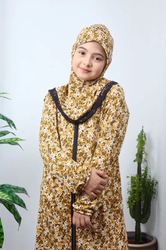 Girl's Prayer Dress with Floral Pattern- Yellow - 1