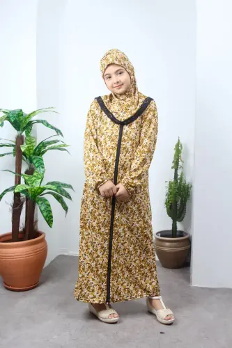 Girl's Prayer Dress with Floral Pattern- Yellow - 2