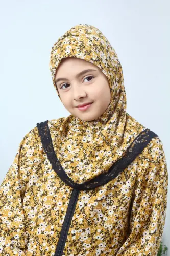 Girl's Prayer Dress with Floral Pattern- Yellow - 3
