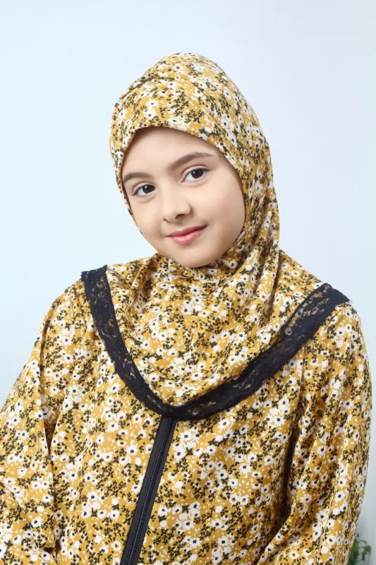 Girl's Prayer Dress with Floral Pattern- Yellow - 3