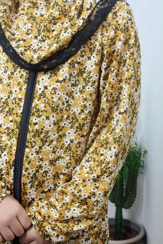 Girl's Prayer Dress with Floral Pattern- Yellow - 4