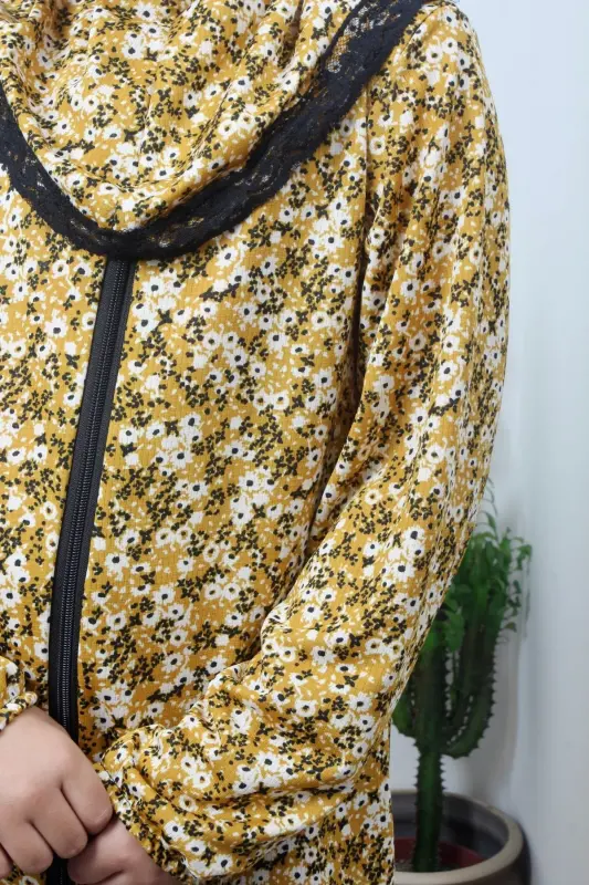 Girl's Prayer Dress with Floral Pattern- Yellow - 4