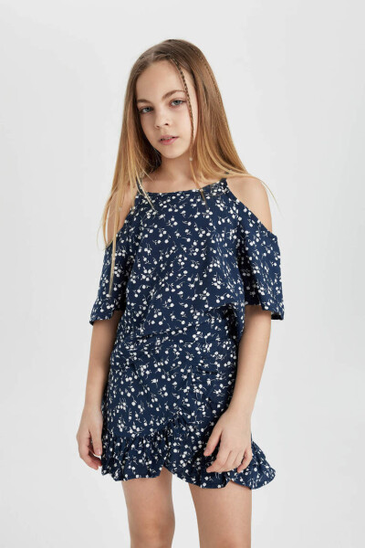 Girls' Printed Blouse and Skirt 2-Piece Set Navy - 7