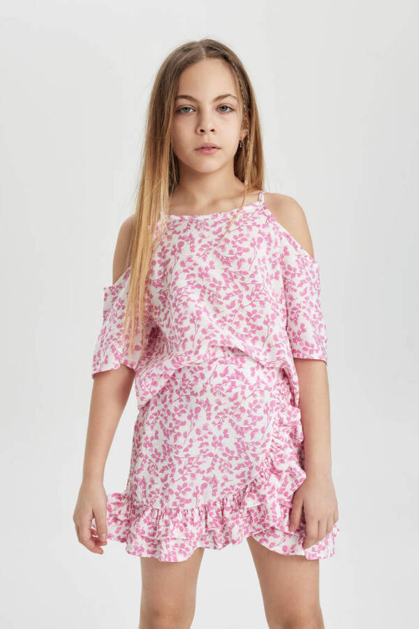 Girls' Printed Blouse and Skirt 2 Piece Set Pink - 4