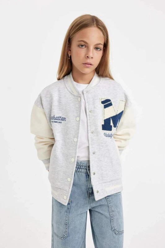Girls Printed College Neck Bomber Jacket with Soft Fleece Lining D2988A824AU - 1