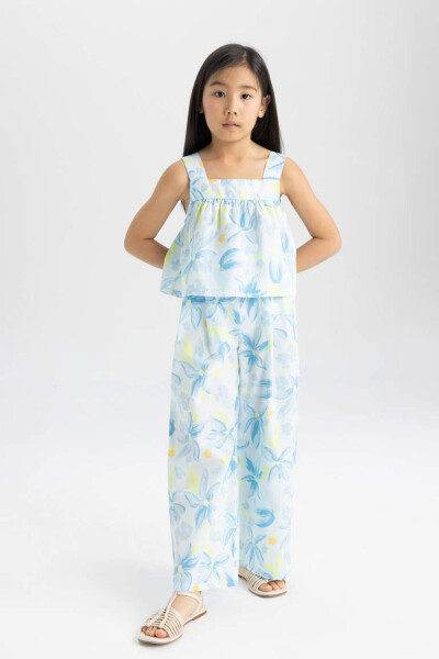 Girls' Printed Poplin Strappy Blouse and Pants 2-Piece Set Light Blue - 3