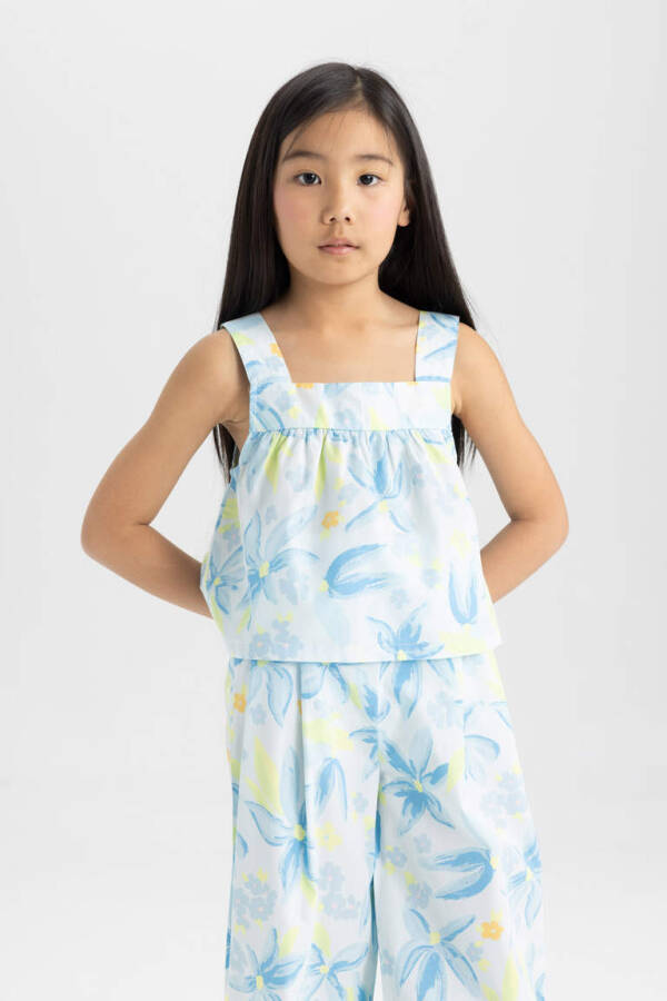 Girls' Printed Poplin Strappy Blouse and Pants 2-Piece Set Light Blue - 4