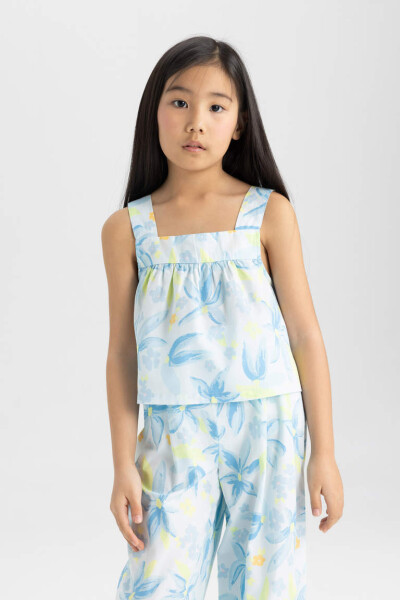 Girls' Printed Poplin Strappy Blouse and Pants 2-Piece Set Light Blue - 5