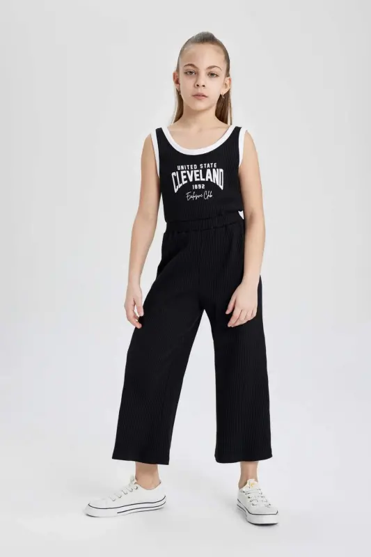 Girls Printed Ribbed Knit Sleeveless Jumpsuit B4878A824SM - DEFACTO