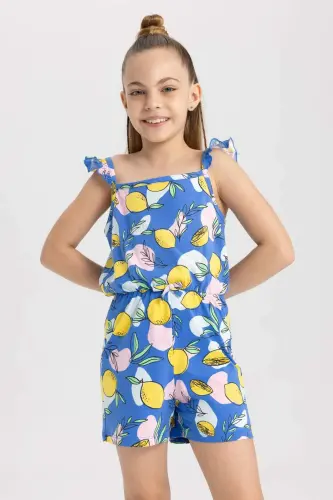 Girls Printed Strap Cotton Short Jumpsuit T2733A623HS - Blue-BE194 - 4