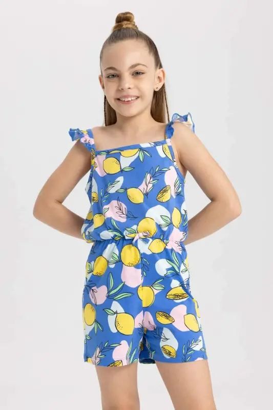 Girls Printed Strap Cotton Short Jumpsuit T2733A623HS - Blue-BE194 - 4