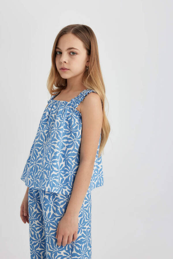 Girl's Printed Strappy Blouse Blue - 4