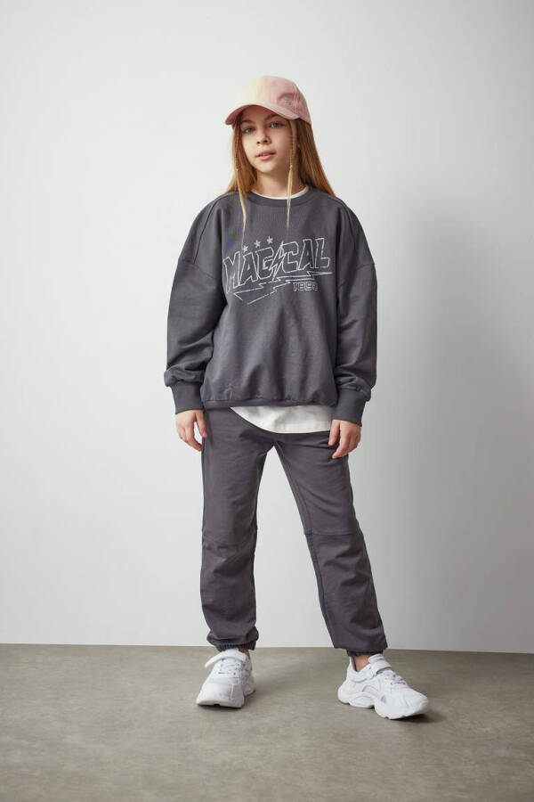 Girls' Printed Sweatshirt and Sweatpants 2-Piece Set Anthracite - 1