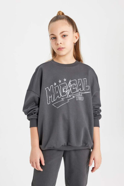 Girls' Printed Sweatshirt and Sweatpants 2-Piece Set Anthracite - 6