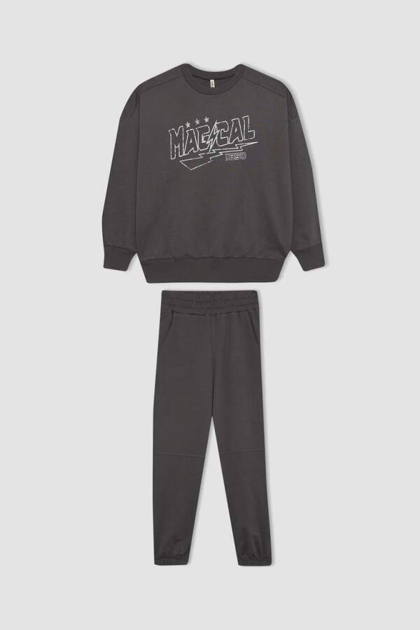 Girls' Printed Sweatshirt and Sweatpants 2-Piece Set Anthracite - 10