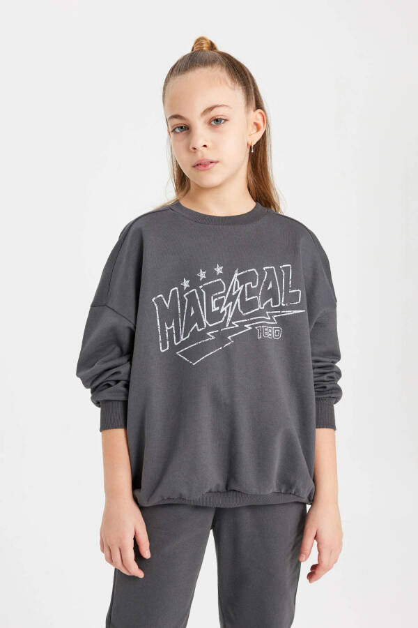 Girls' Printed Sweatshirt and Sweatpants 2-Piece Set Anthracite - 13