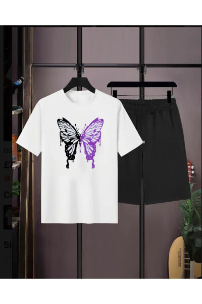 Girls Purple-Black Butterfly Printed Shorts-T-Shirt Set 