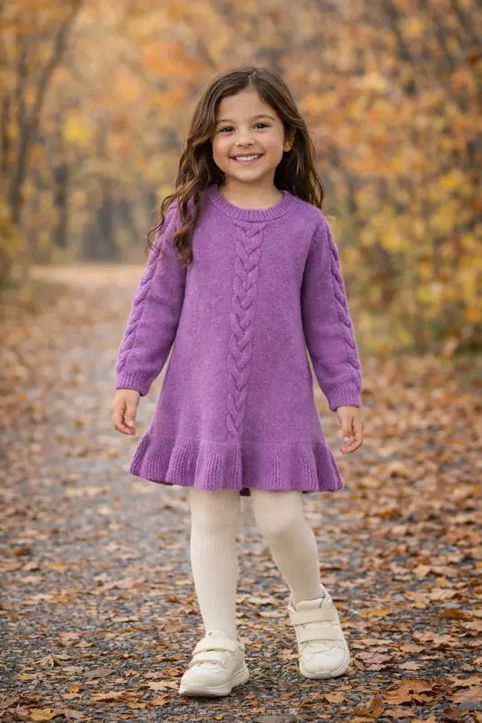 Girl's Purple Long Sleeve Knit Sweater-Purple - 1