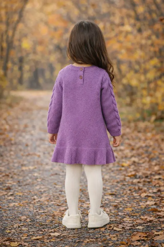 Girl's Purple Long Sleeve Knit Sweater-Purple - 2