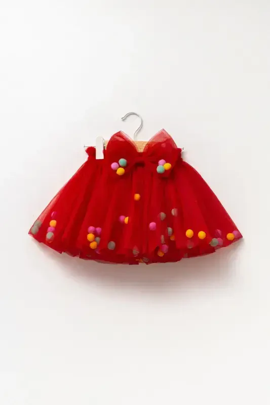 Girl's Red Lined Pom-Pom Tutu Skirt-red - Modazone