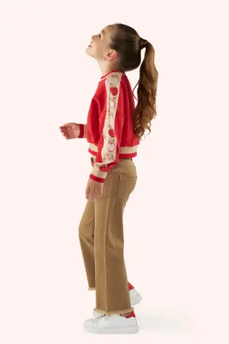 Girls' Red Sweatshirt with Detailed Sleeves - 4