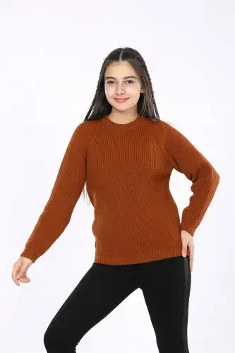 Girl's Regular Fit Basic Knitted Sweater (Ages 4-13)-COPPER - Modazone (1)