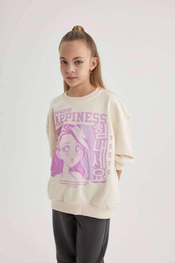 Girls' Relax Fit Crew Neck Printed Sweatshirt Ecru - 1