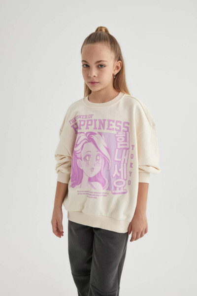 Girls' Relax Fit Crew Neck Printed Sweatshirt Ecru - 3